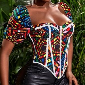 SXY Geo Print Asymmetric Hem Bustier Blouse